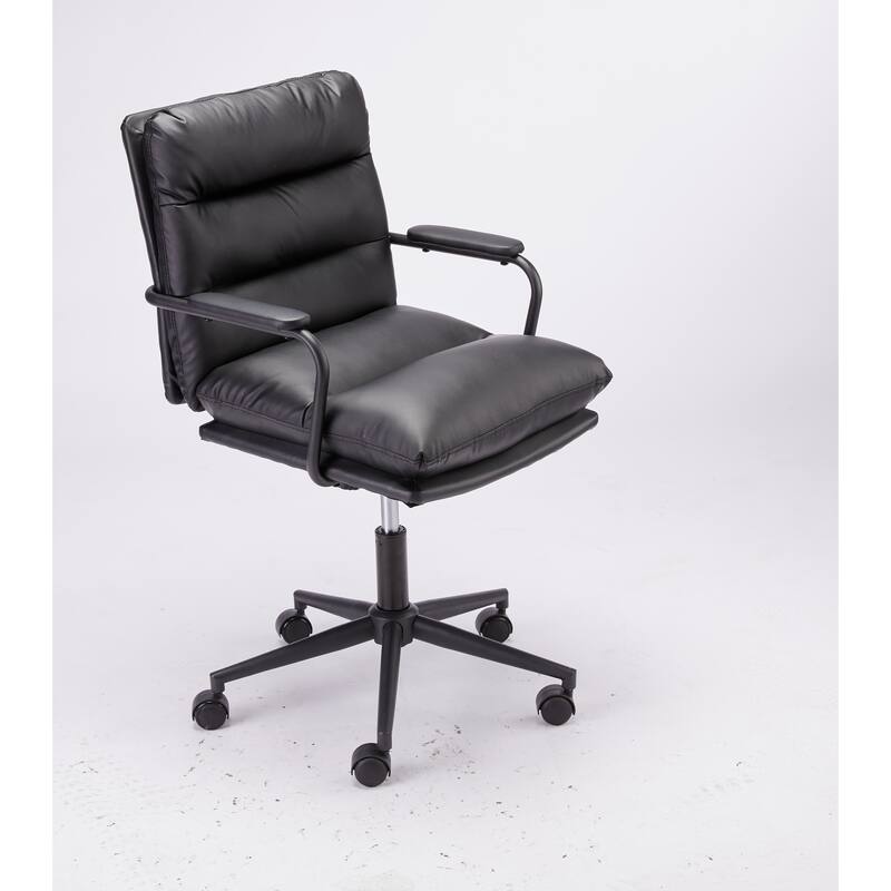 Black Mid Back Leather Office Chair with Arms and Wheels for Home Office