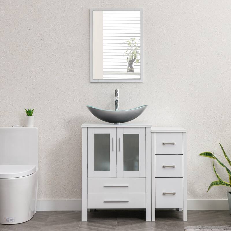36" White Bathroom Vanity Sink Set with Side Cabinet Vessel Sink Faucet Combo