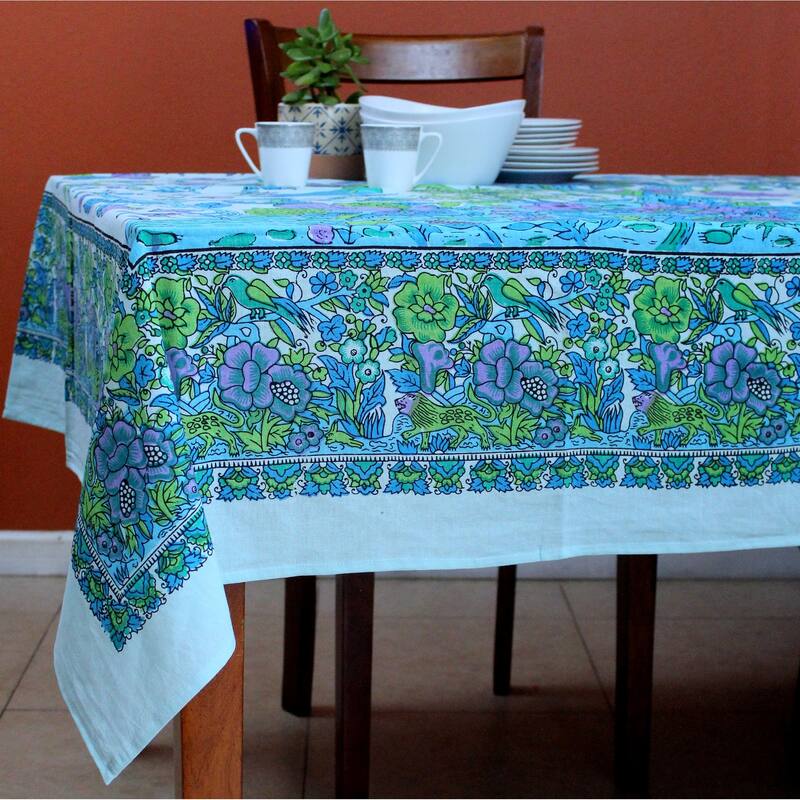 Vibrant Cotton Floral Tree Of Life Tablecloth Collection - 72 x 72 in - Turquoise Purple