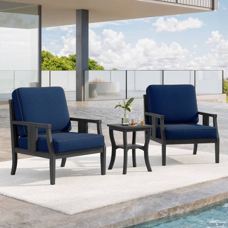 3-Piece Teak Wood Outdoor Armchair Set with Side Table, Cushions, Patio Seating Sets - Dark Wood - Navy
