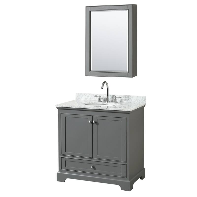 Wyndham Collection Deborah 36" Free Standing Single Vanity Set with - Dark Gray / White Carrara Marble Top / Polished - Steel Finish