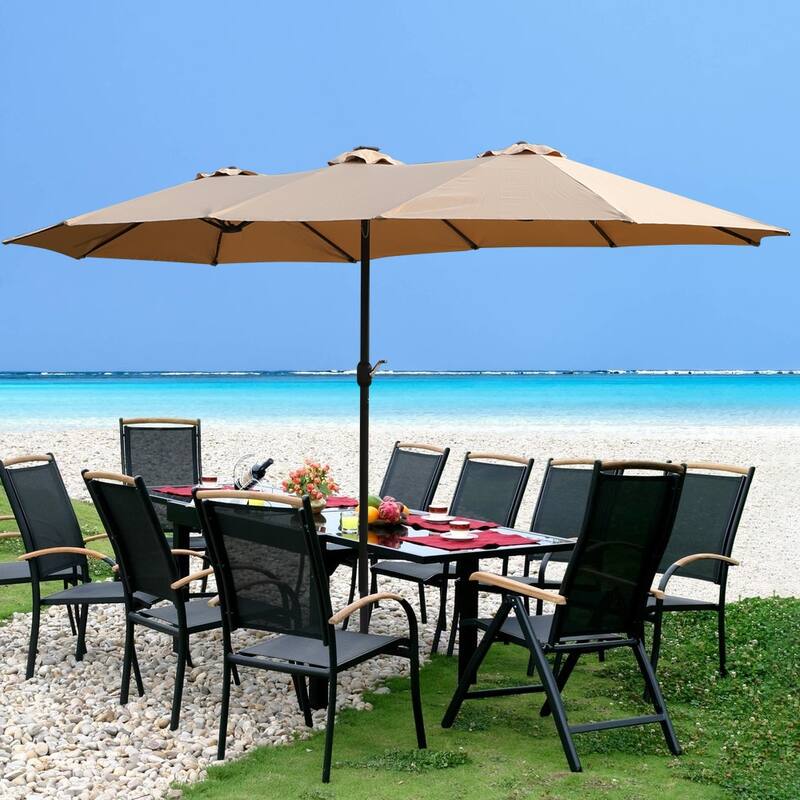 Large Double Sided Rectangular Outdoor Umbrella 2 Floor Patio Market Parasol with Light and Base, for Garden and Outdoors