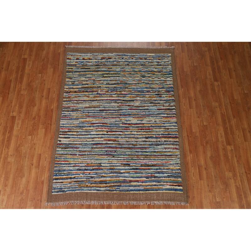 Hand Knotted Oriental 100% Wool Carpet Modern Stripe Multi-Colored Moroccan Area Rug - 7' 8'' X 5' 5''