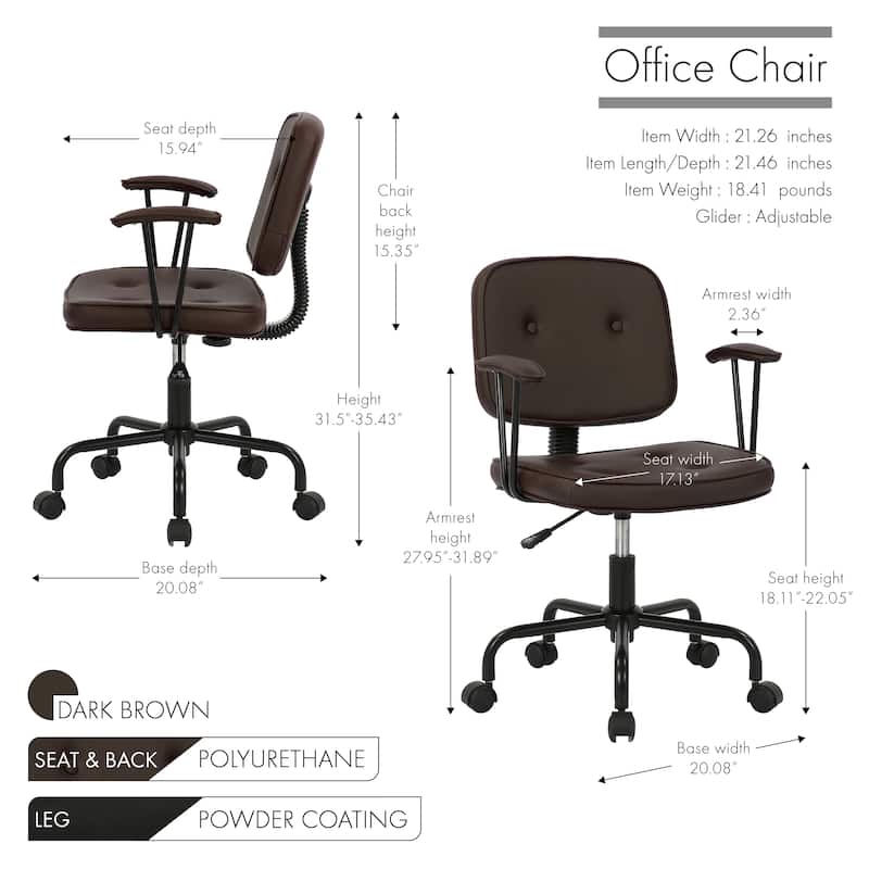 Porthos Home Dario Swivel Office Chair, PU Leather, Roller Metal Base