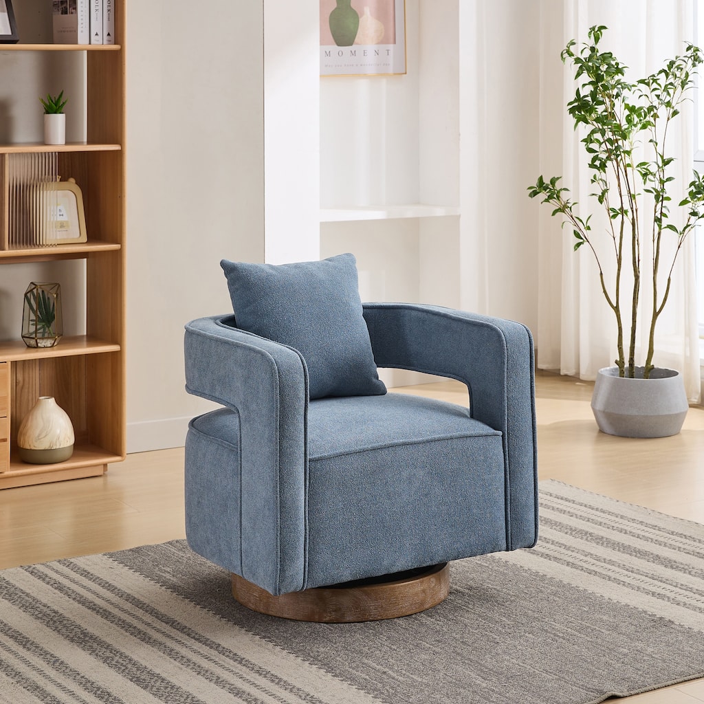 Blue Modern 29.13" Swivel Open Back Accent Chair With Weathered Finishing Rubber Wood Base and Pillow