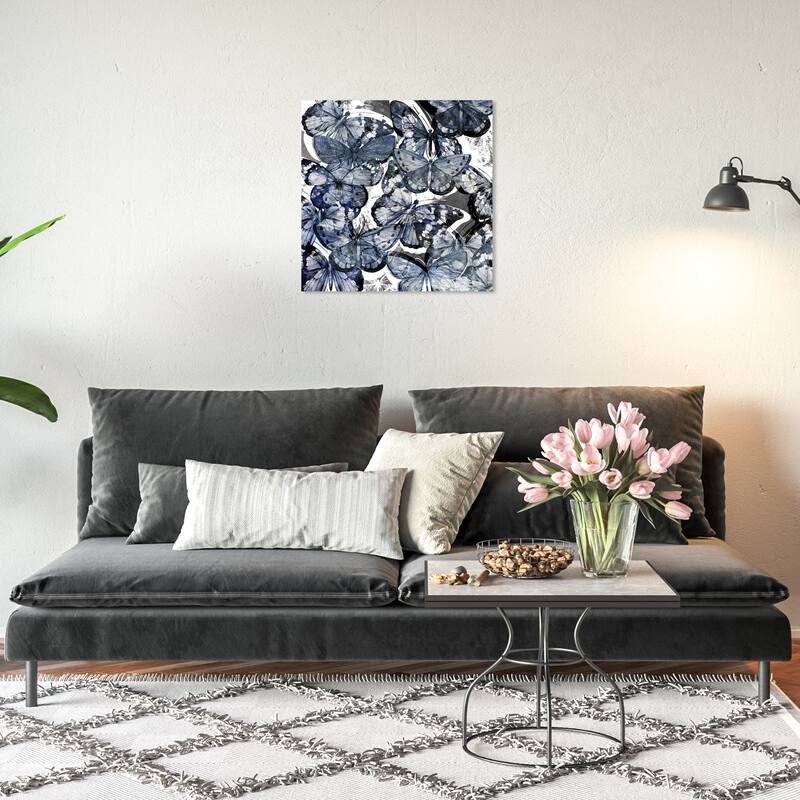 Wynwood Studio Canvas Animals Butterfly Lovers Blue Silver Blue and Dark Blue Farmhouse Wall Art Canvas Print - 20 x 20