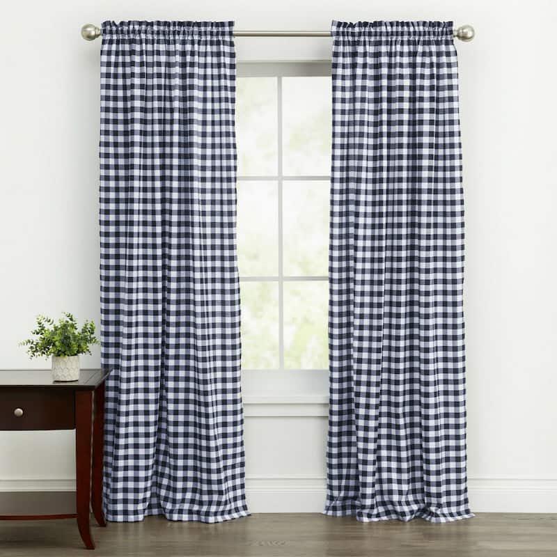Kate Aurora Country Farmhouse Buffalo Check Plaid Gingham Window Curtains - Navy - 42 in. W x 95 in.