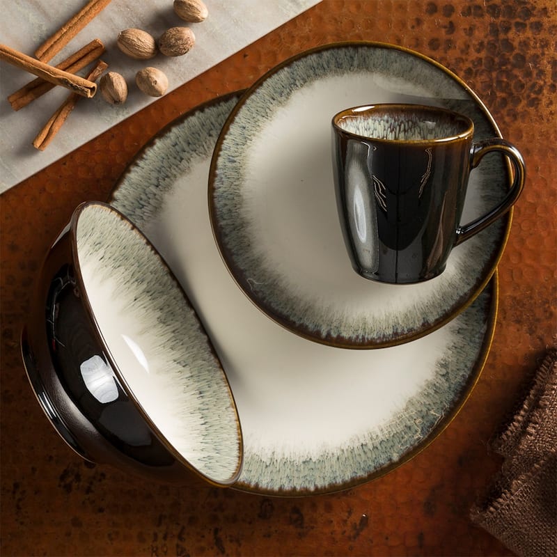 Sango Novelle 16-Piece Stoneware Dinnerware Set with Round Plates, Bowls, and Mugs, Moss Green