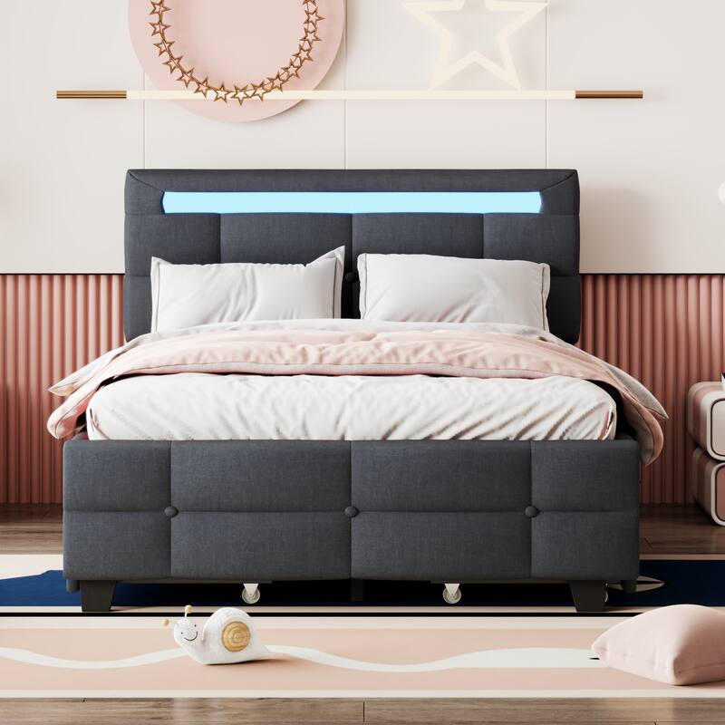 Linen Upholstered Platform Bed Frame with LED Light Headboard & 2 Drawers