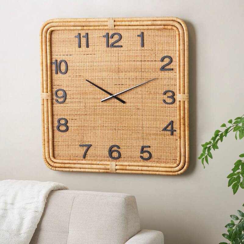 Wood Handmade Woven Wall Clock with Rattan Wrapped Frame - Brown - Roche River Decor - 2"W x 31"L x 31"H