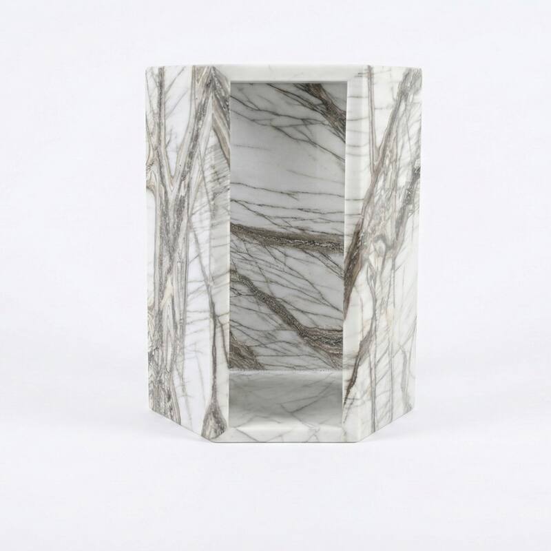 Roomfitters Luxury Natural Marble Hexagon Side Table, Solid Stone Geometric Pedestal End Table, Polished Finish