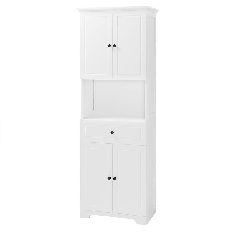 Roomfitters Tall Bathroom Cabinet with Four Doors, Upper Cabinet and Large Open Storage Shelves, White
