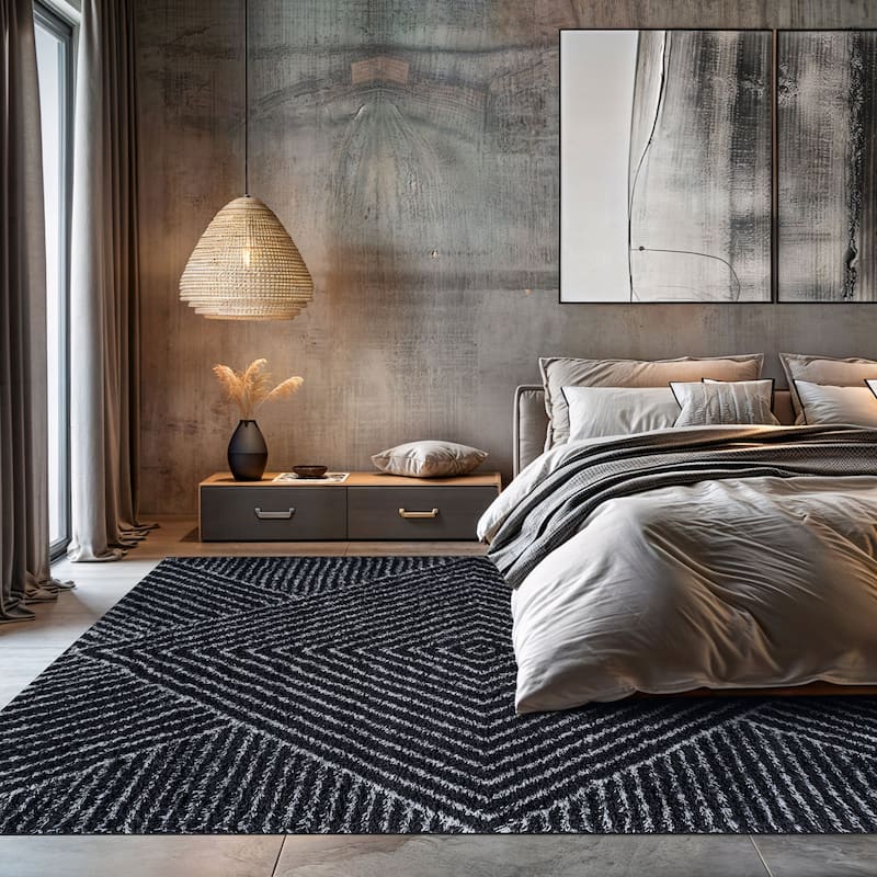 Minimal Stripe Geometric Shag Rug - Anthracite Dark Gray - Medium Pile - Cozy & Modern