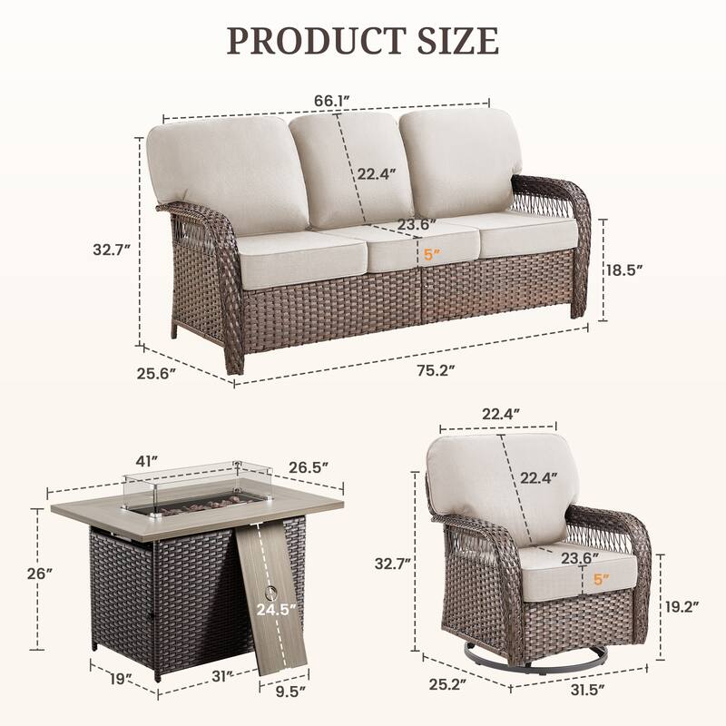 Pocassy Outdoor Fire Pit Table with Swivel Chair Sofa Ottoman Funiture Set.