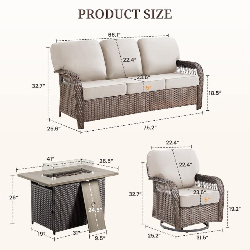 Pocassy Outdoor Fire Pit Table with Swivel Chair Sofa Ottoman Set.