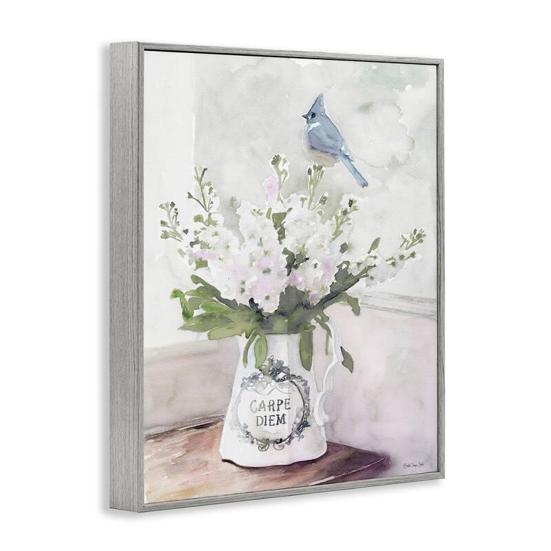 Stupell Blue Cardinal on Spring Bouquet Carpe Diem Watercolor Framed Wall Art - White