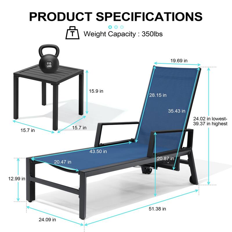 Outdoor Aluminum Patio Lounge Chair Set Side Table and Chaise Lounges with Wheels