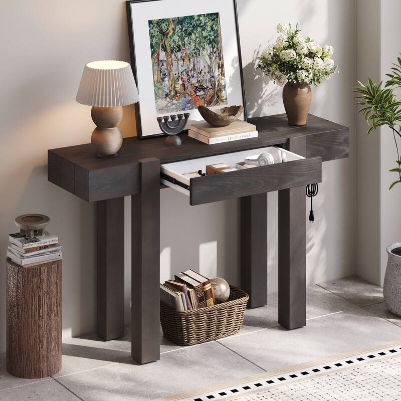 Rustic Minimalist Console Table with Hidden Drawer, Side Power Outlet,Wood Entryway Table for Entryways, Living Rooms