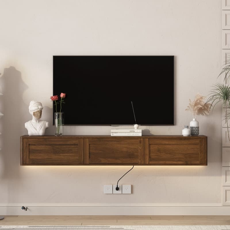 Floating 68" Wall Mounted TV Stand for TVs up to 75", Media Console Table with LED Lights and Power Outlet