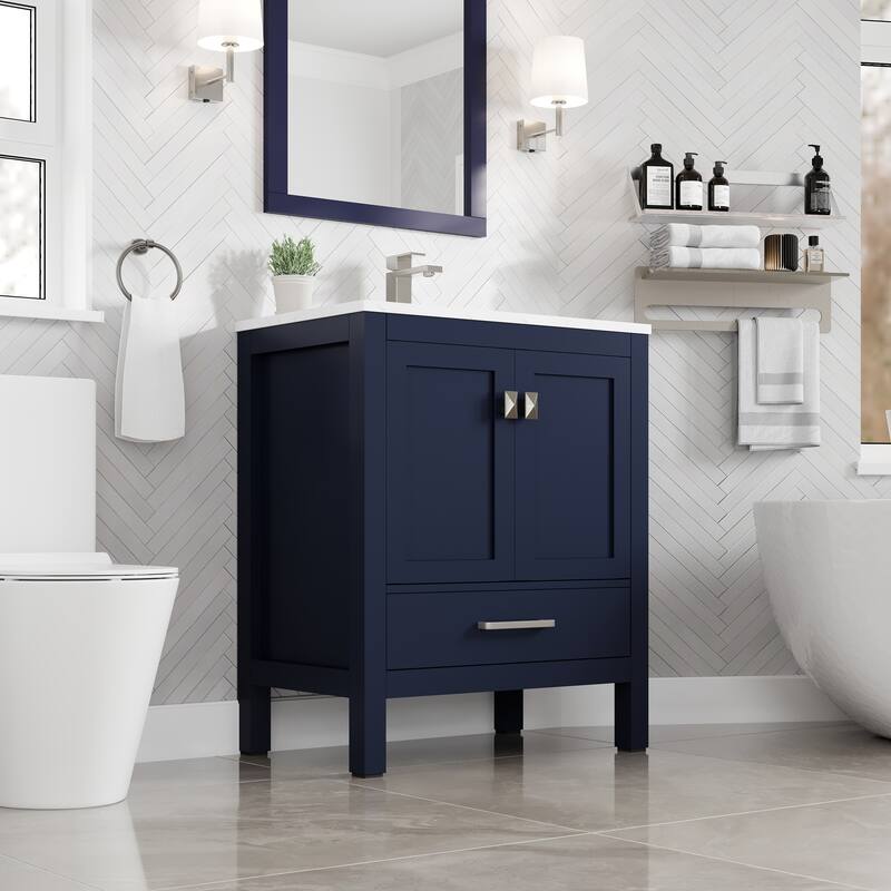 Eviva London 30"W Bath Vanity with Carrara Quartz Top & Porcelain Sink
