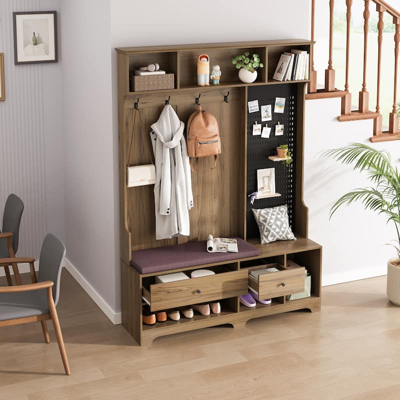 Versatile Hallway Hall Tree with Removable Linen-Cushioned Bench,Coat Rack,Ample Storage Shelves,and Customizable DIY Pegboard