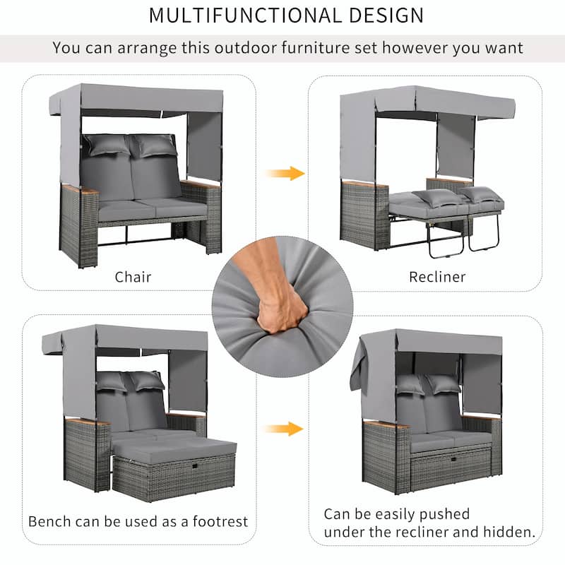 Outdoor Rattan Daybed Set - 5-Position Adjustable Loveseat with Roof and Cushions