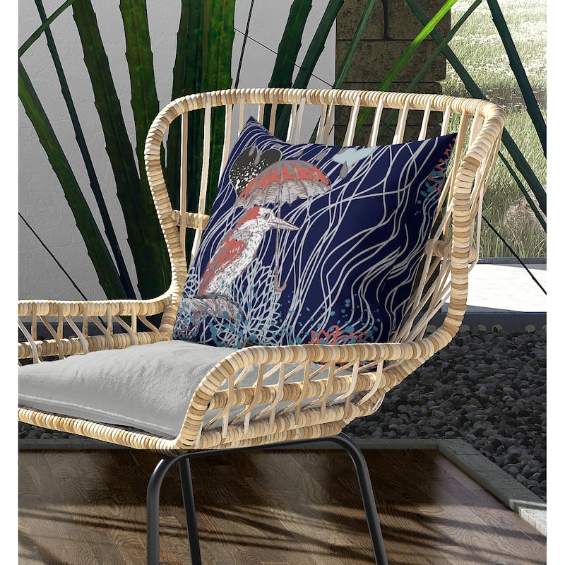 Bird with Umbrella Indoor/Outdoor Reversible Throw Pillow Blue and Copper
