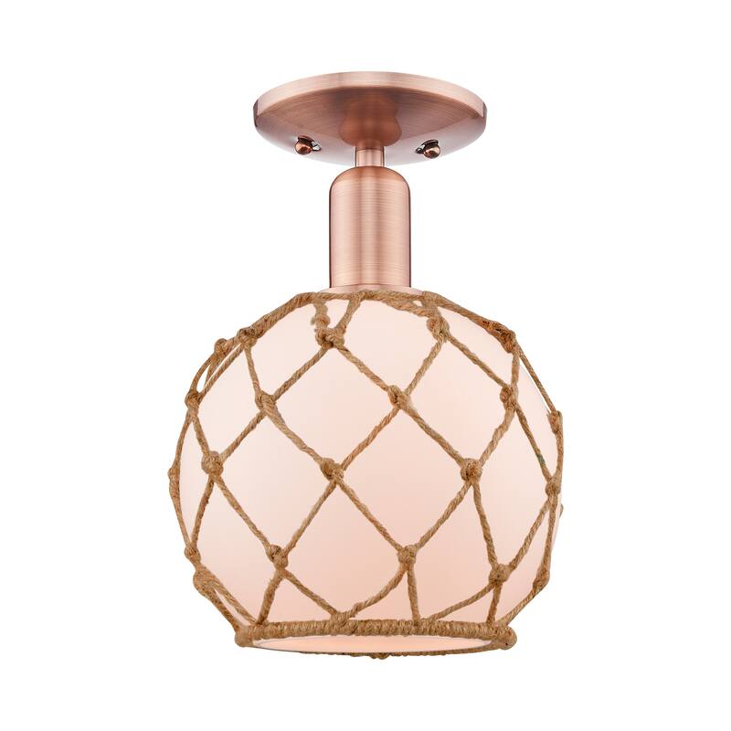 Innovations Lighting Endless Possibilities Arcadia - Farmhouse Rope - 1 Light 8" Semi-Flush Mount - White Glass with Brown Rope/Antique Copper