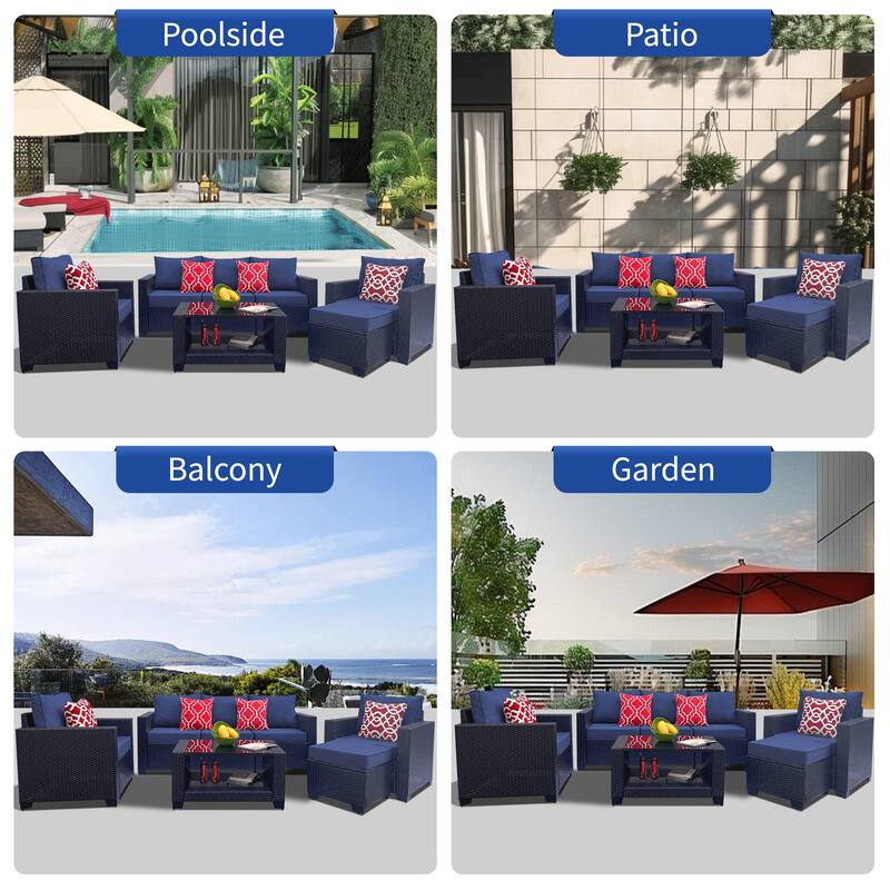 7 Piece Patio Furniture Set, Outdoor PE Rattan Wicker Sectional Sofa Set with 2 Sofa Chairs and Tempered Glass Table