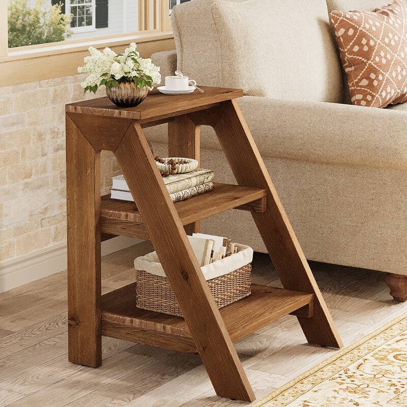 3-Tier Solid Wood End Table with Open Storage Shelves - Natural