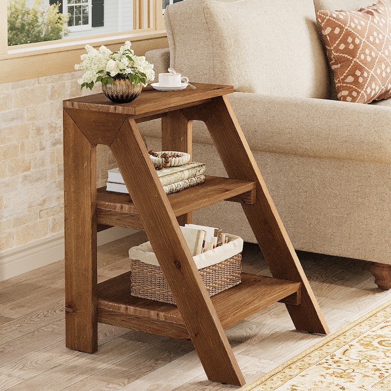 Solid Wood End Table with Storage Shelves, 3-Tier Ladder Shape Side Table - 1pc