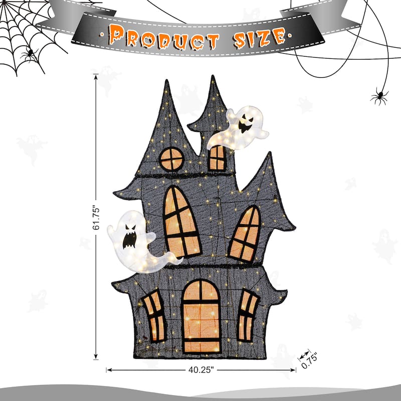 Glitzhome 5ft Pre-lit Halloween 2D Haunted House Outdoor Decor with 210 Warm White LED Lights