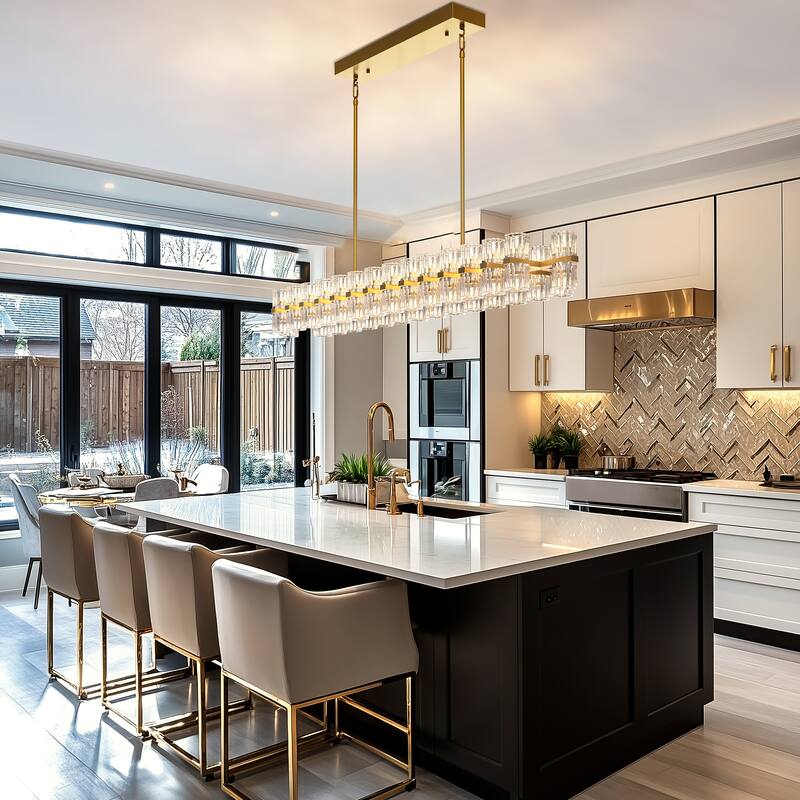 YANSUN 60-Light Brass Gold Crystal Chandelier, G4 LED, Modern Linear 3000K Warm
