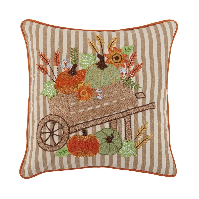 Harvest Pumpkin Cart Embroidered Pillow