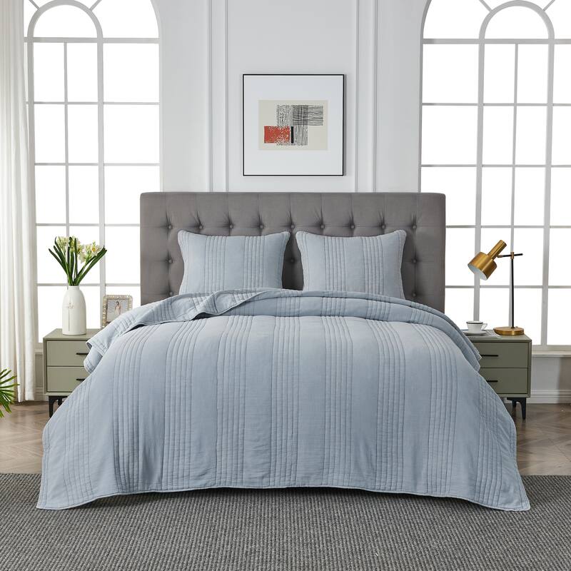 Stonewash Classic Cotton Quilt & Coverlet Set - Misty Blue - Full - Queen - 3 Piece