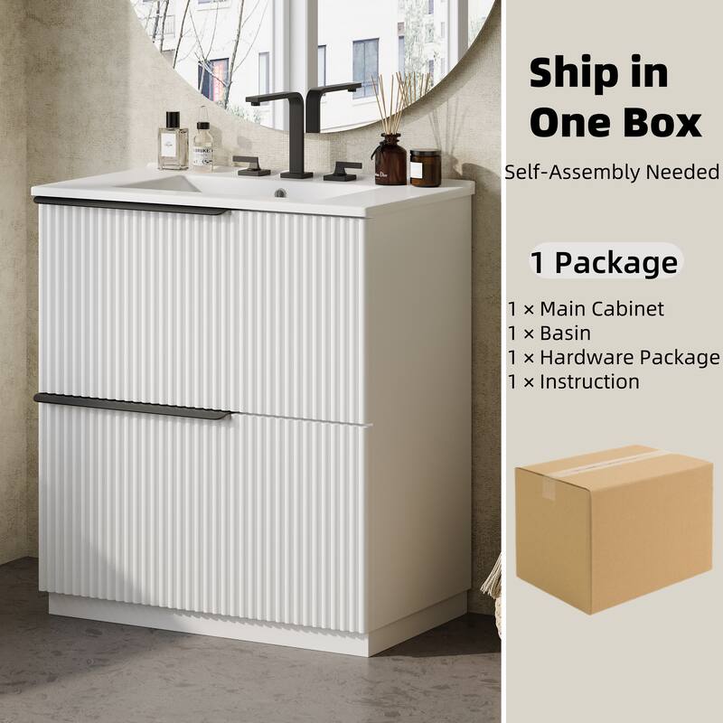 30" Bathroom Vanity with Ceramic Sink, Full-Extension Drawers, Soft Close Slides, and Fluted Design