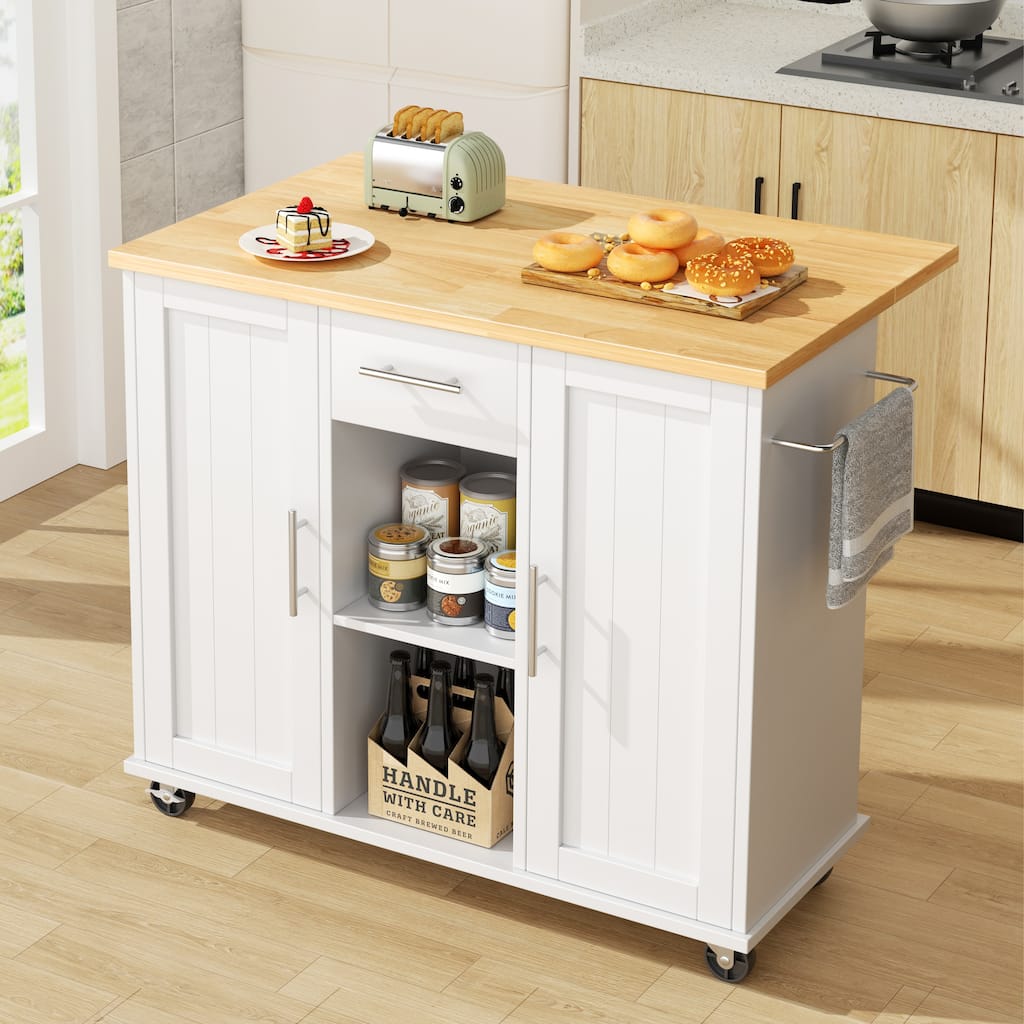 2-Door Kitchen Island with Drawer & Drop Leaf - Mobile Storage Cart