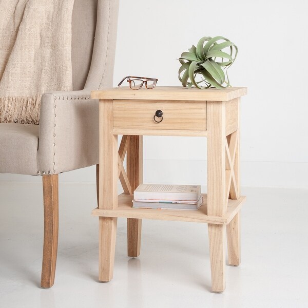Unfinished Natural Mindi Wood Side Table with Drawer. Opens flyout.