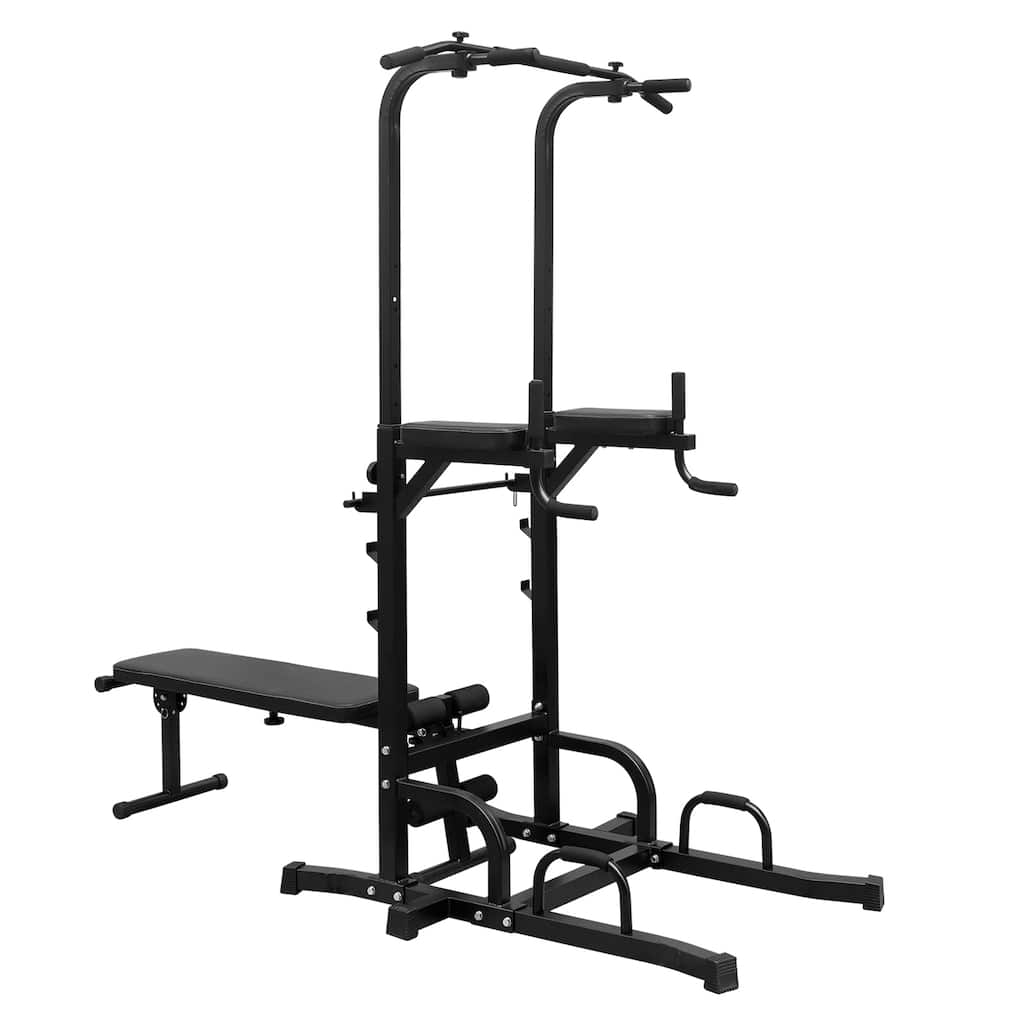 Roomfitters Power Tower Dip Station with Bench, Pull Up Bar, Adjustable Height Multi-Function Strength Training Equipment, Black
