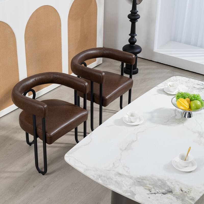 Dark Brown PU Upholstered Accent Chair Dining Chair Barrel Side Chairs Kitchen Armchair for Living Room Dressing Room Set of 3