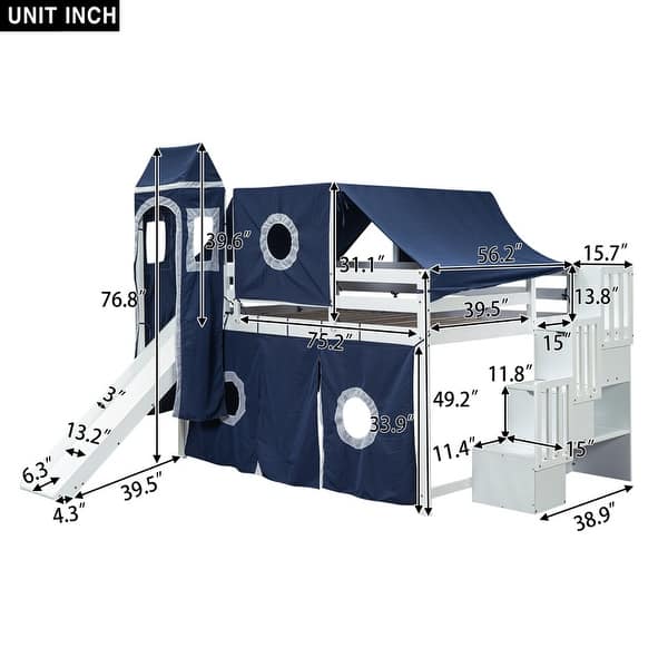 dimension image slide 0 of 2, Wooden Full Size Loft Bed with Tent and Tower