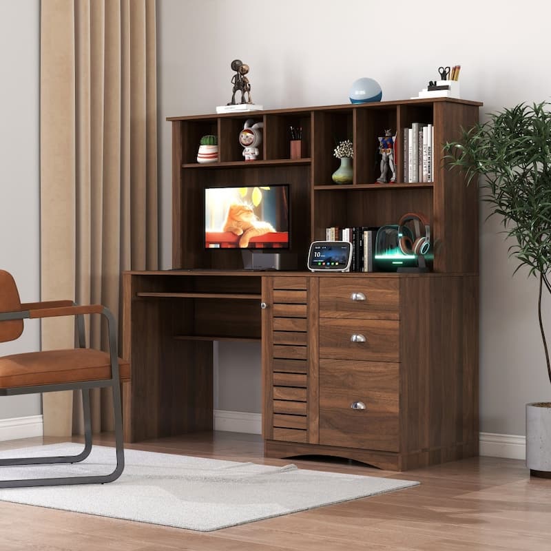 59.06" Antiqued Wood Home Office Computer Desk with Shelves and Drawers - Walnut