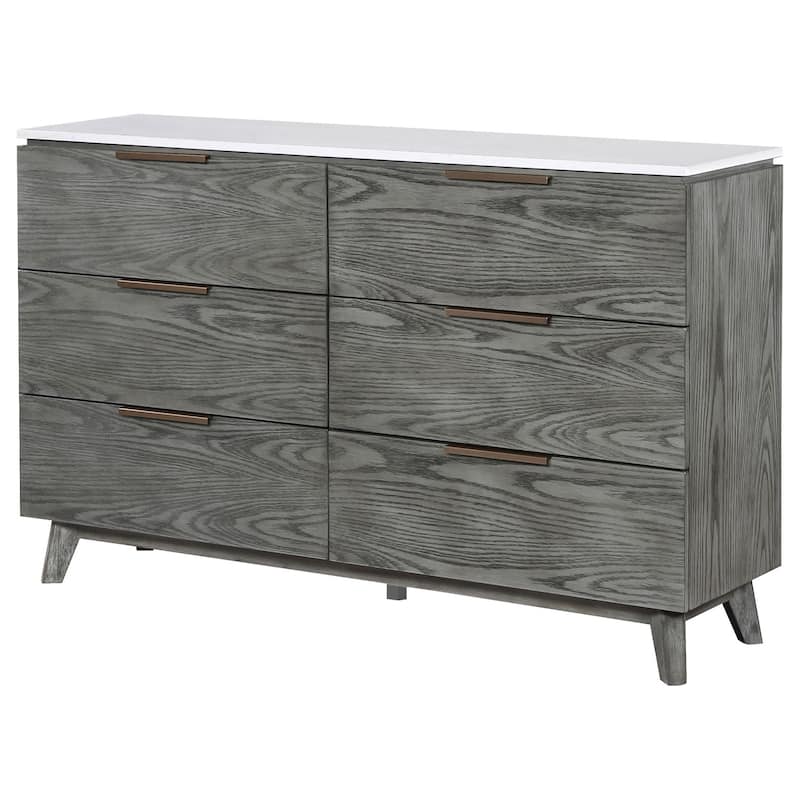 Tira 63 Inch Wide Dresser, 6 Drawers with Handles, White Marble Top, Gray