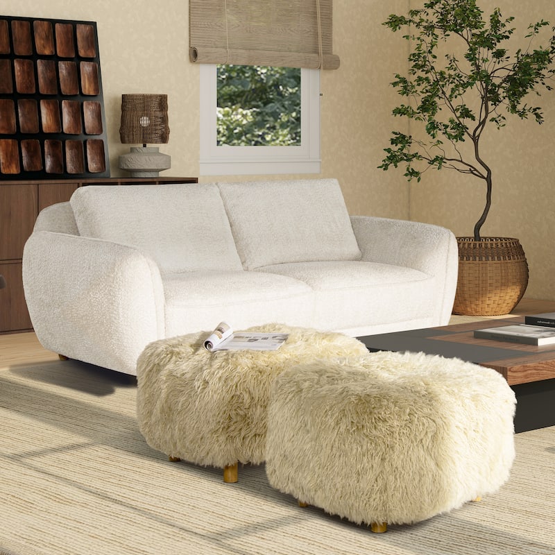 Enchante 24.5" Oak Wood Shearling Sheepskin Ottoman - Taupe Beige