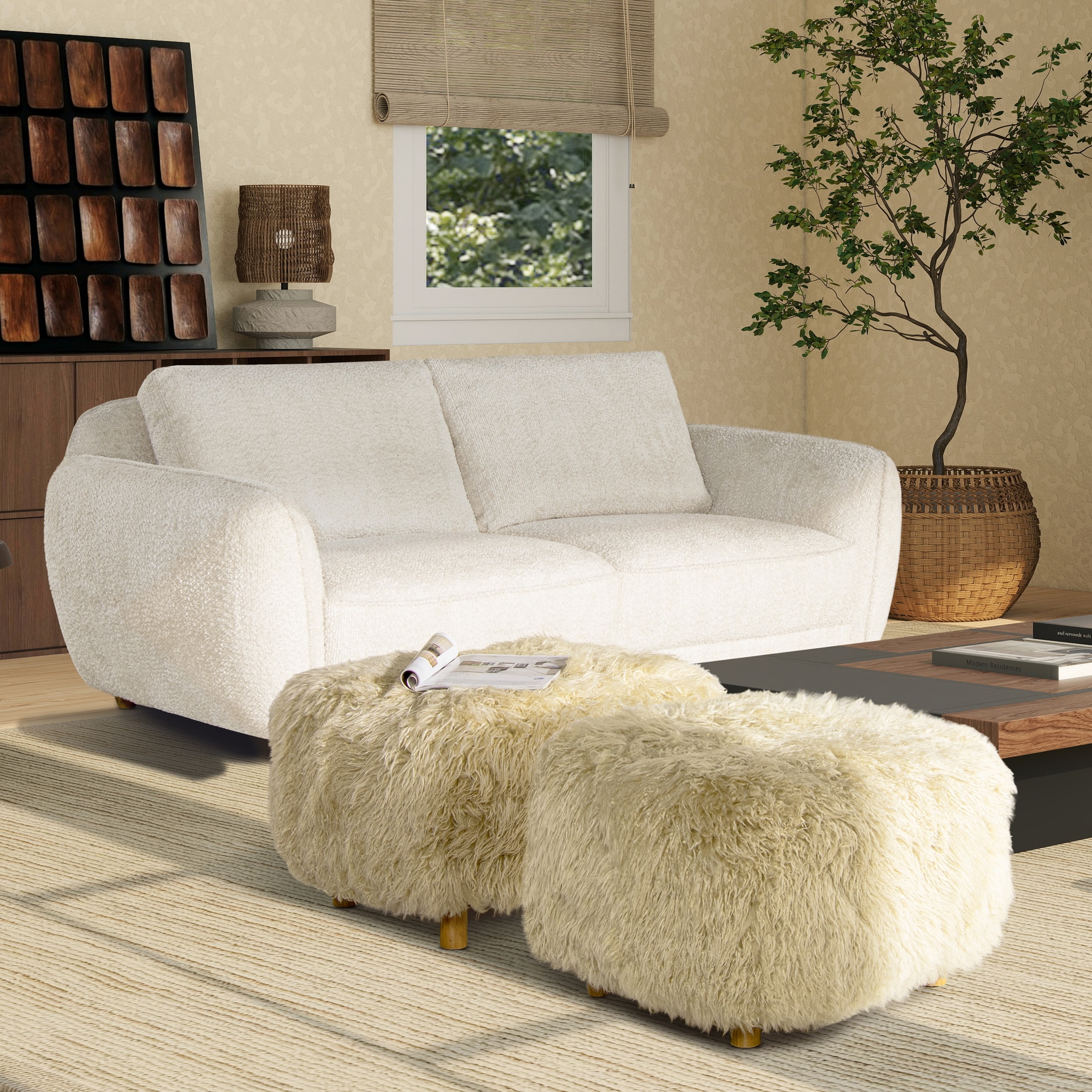 Enchante 24.5" Oak Wood Shearling Sheepskin Ottoman