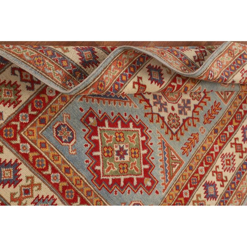 Geometric Kazak Accent Rug Handmade Blue Wool Carpet - 3'5" x 4'10"