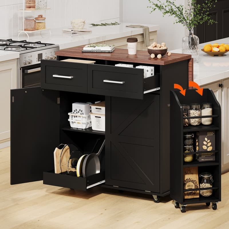 Kitchen Island with Drop Leaf, Removable Side Racks, Rolling Kitchen Cart with Towel Rack