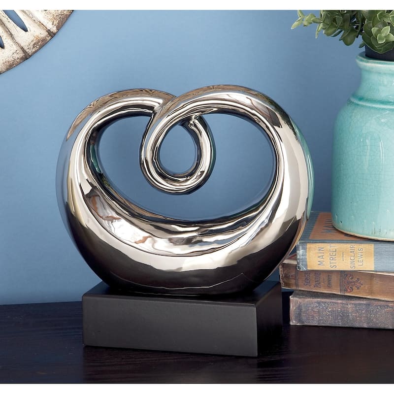 Silver Ceramic Abstract Decorative Sculpture with Black Base