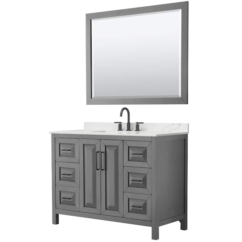 Daria 48-inch Single Vanity, 3 Hole Quartz Top, 46-inch Mirror - Dark Gray, Black Trim, Giotto Quartz Top
