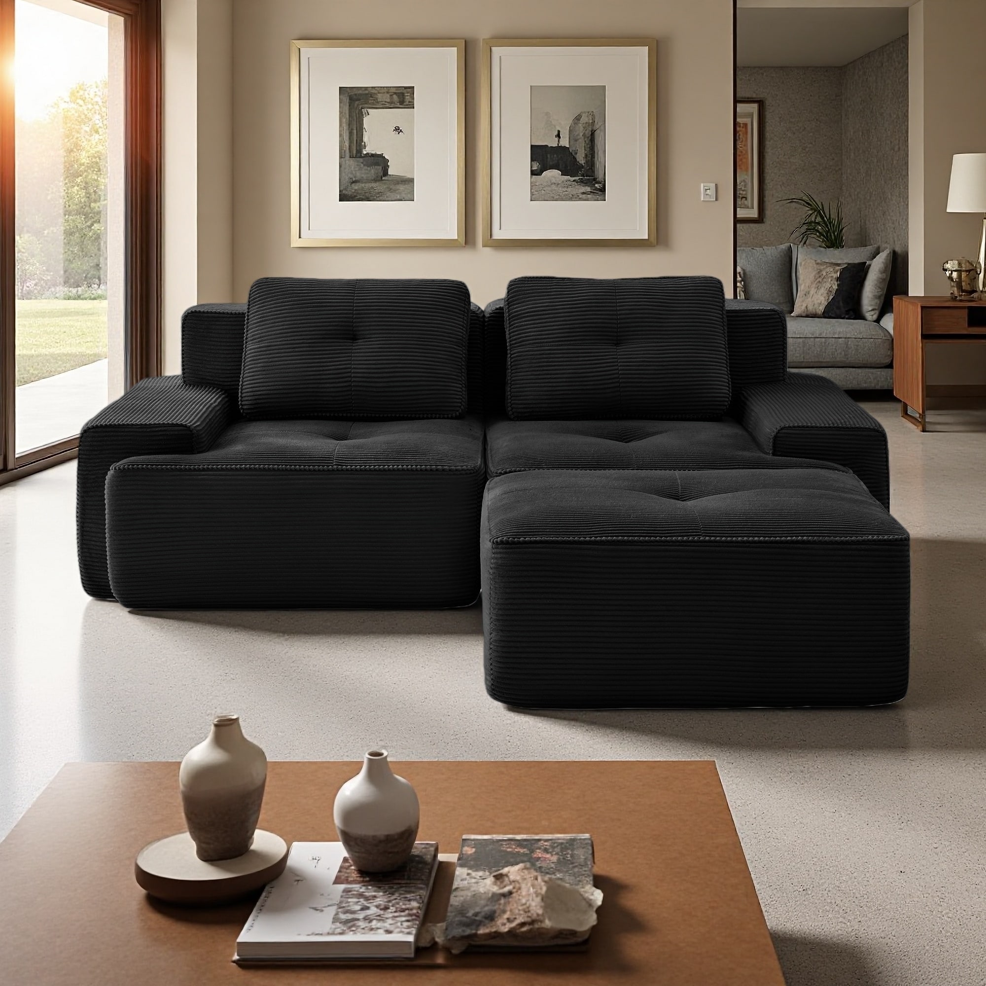 81.9" Corduroy L-Shaped Modular Sectional Sofa with Deep Seat and Movable Ottoman